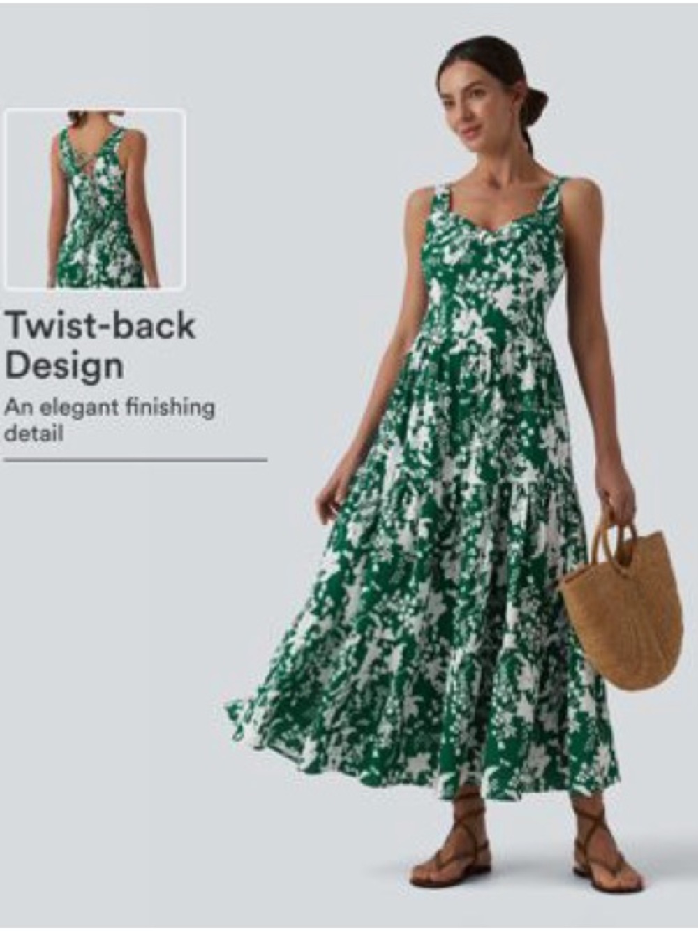HALARA Green and White Floral Twist-Back Midi Dress
